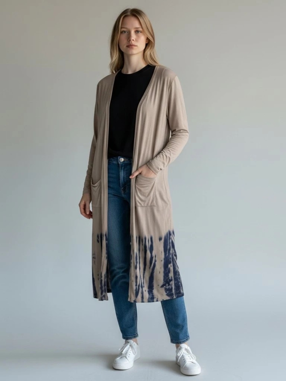 Torrid Long Taupe Cardigan with Navy Tie-Dye Hem